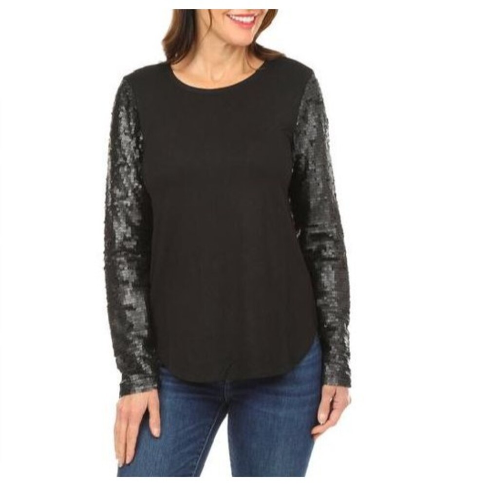 Cupio Black Blouse Solid Sequin Long Sleeves Top - Black, Women's Medium